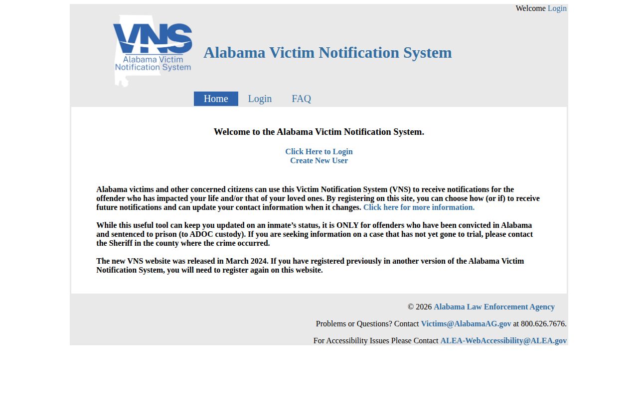 Official Alabama Victim Notification System page